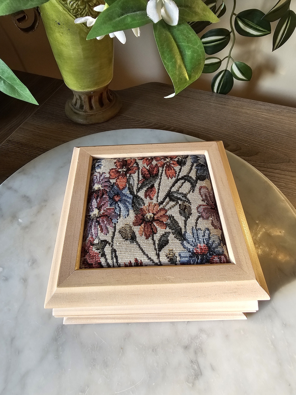 Cottagecore Wooden Jewelry Box with Floral Tapestry Lid